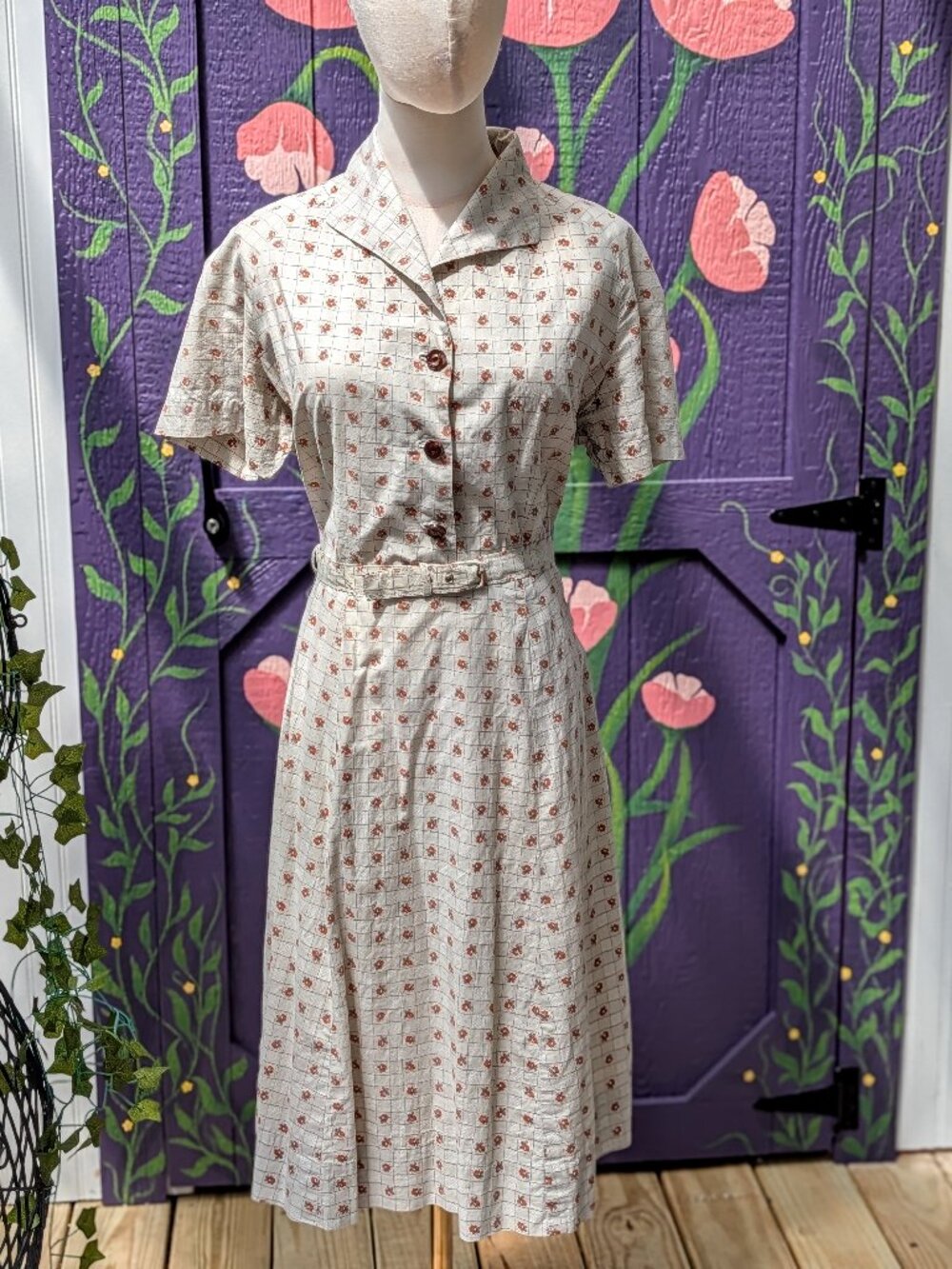 Vintage 1940's Off White with Orange Rosebud Print Day Dress, Handmade AS IS